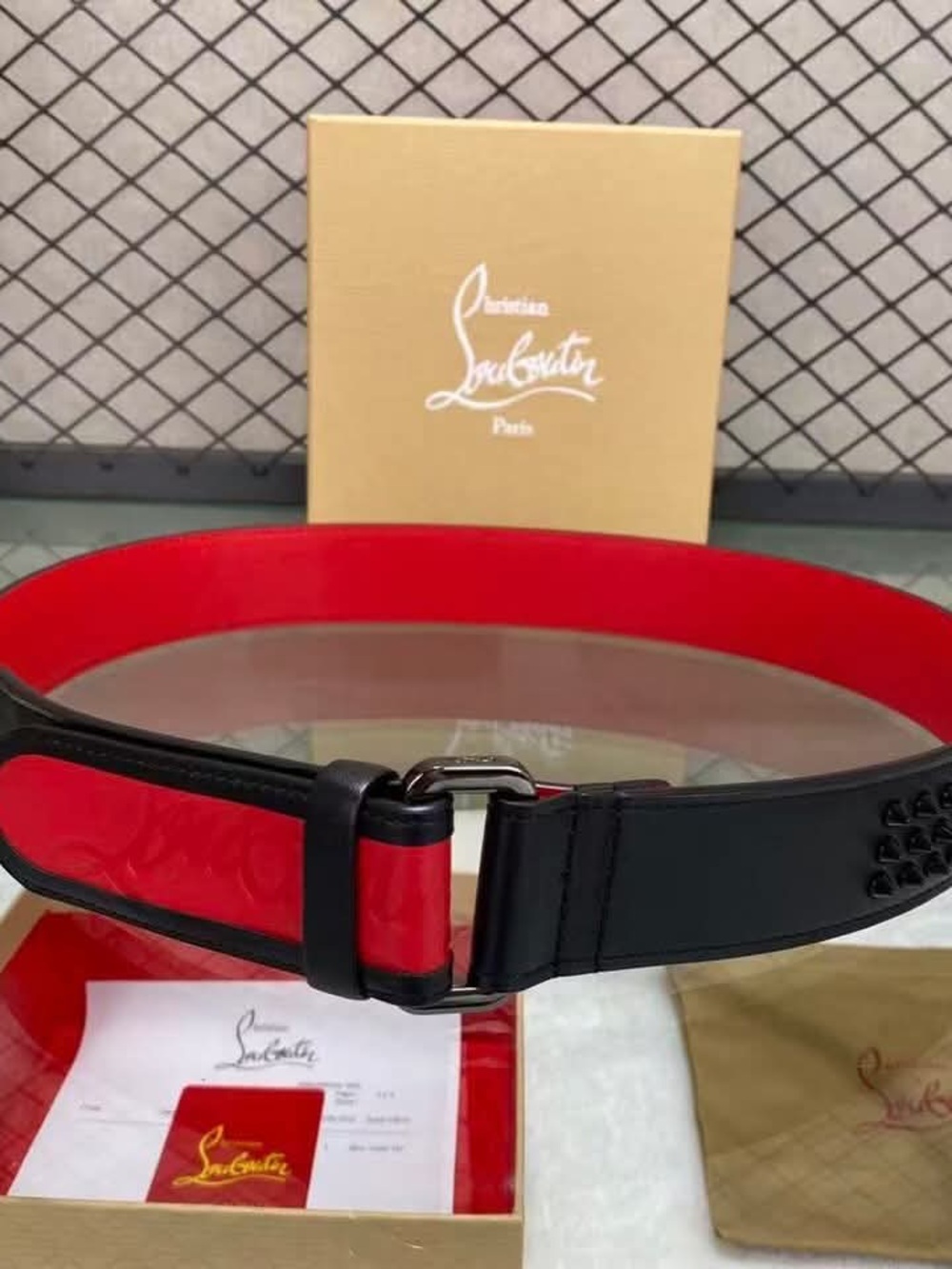 NEW-Christian Louboutin LOUBI Belt (Black Exterior with Red Lining) Calf Leather